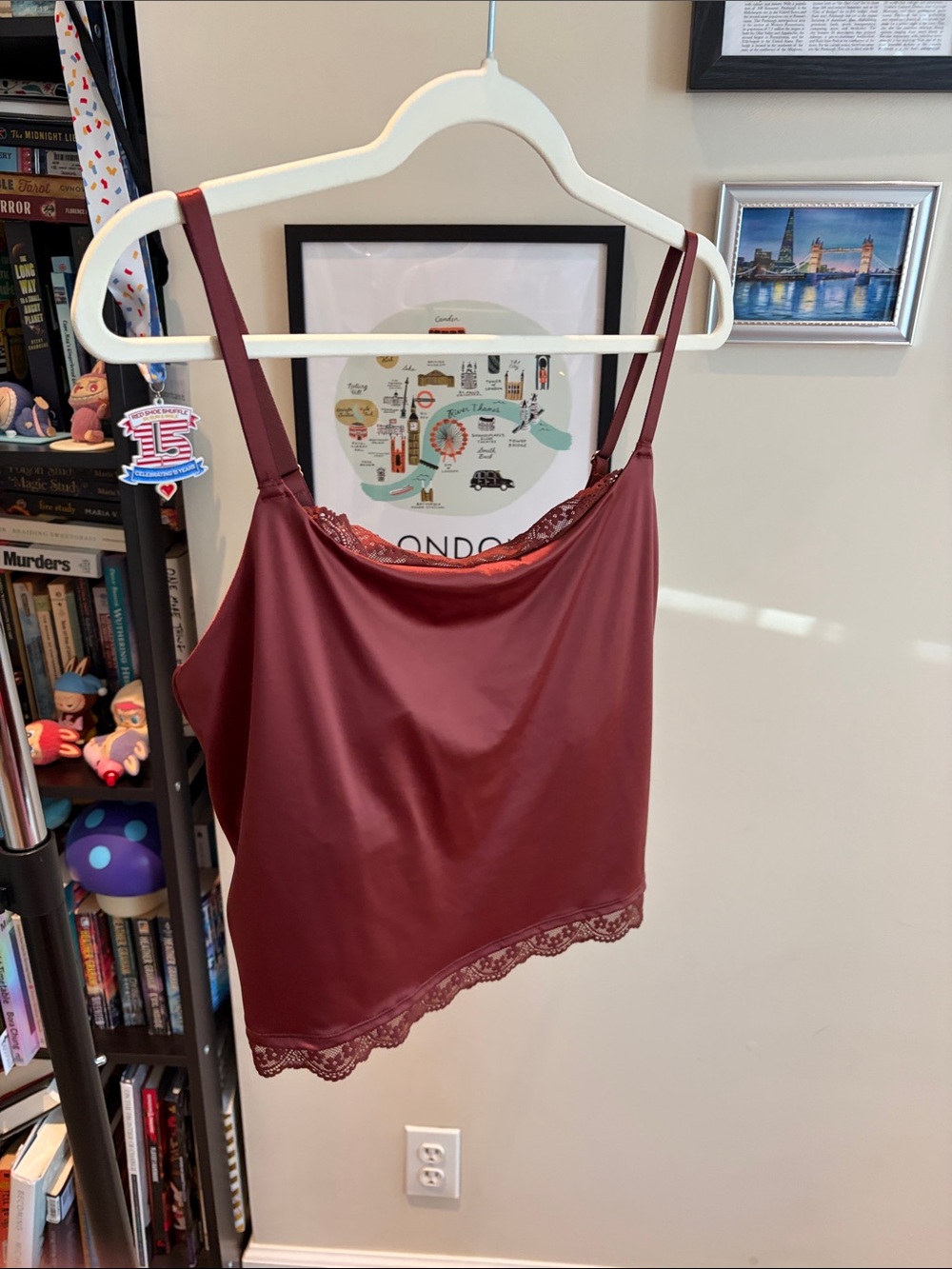 Lace-Trim Satin Cami Tank Top - Burgundy
